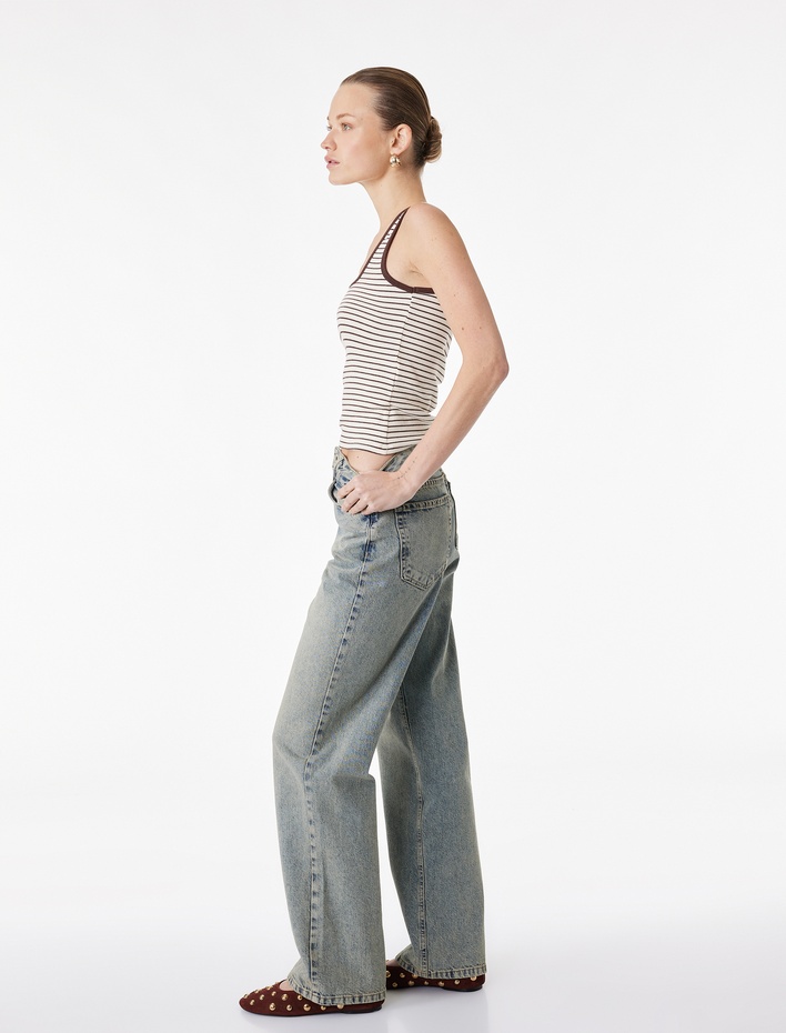  Yüksek Bel Cepli Pamuklu Düz Paça Straight Fit Denim Pantolon - Straight Jeans