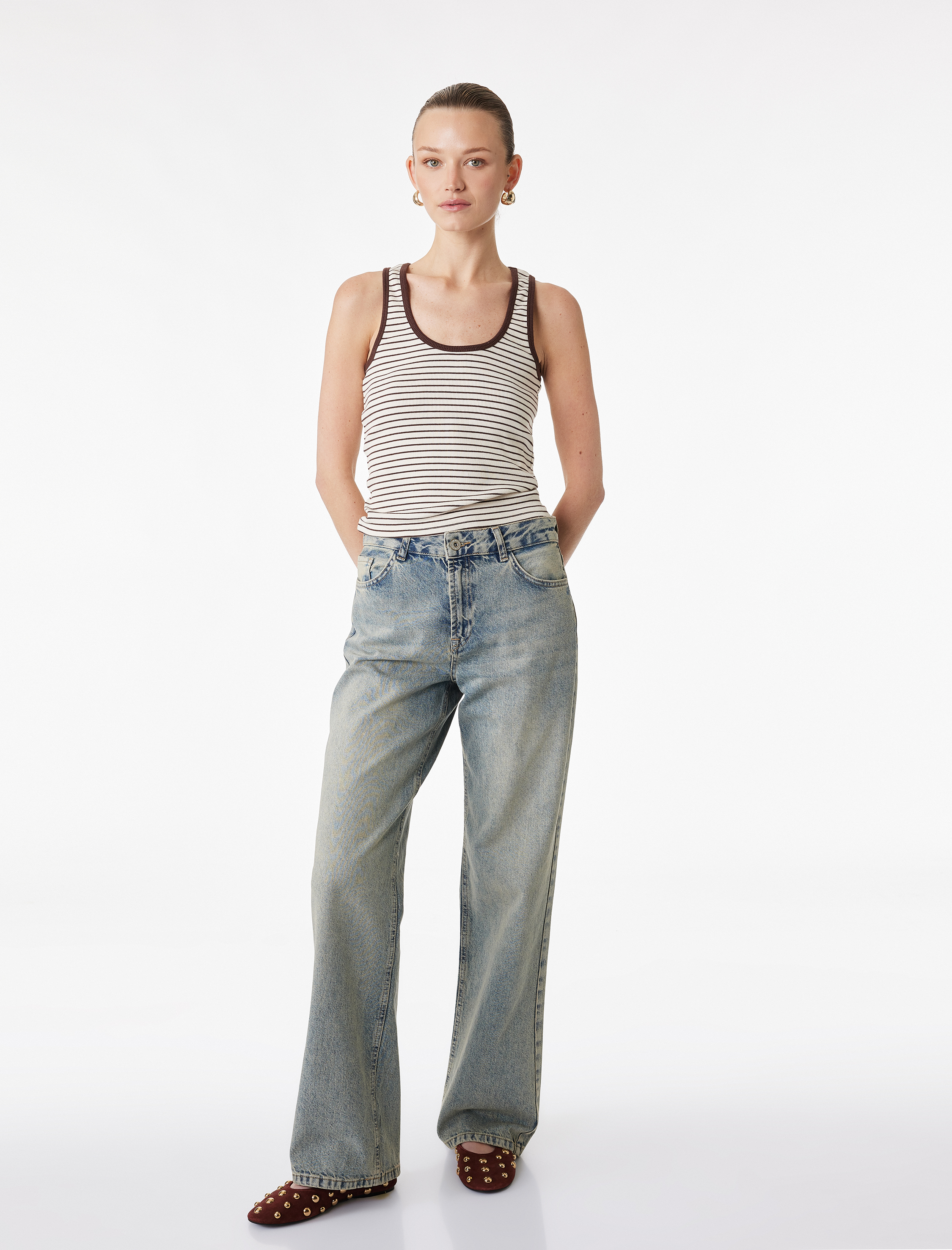   Yüksek Bel Cepli Pamuklu Düz Paça Straight Fit Denim Pantolon - Straight Jeans