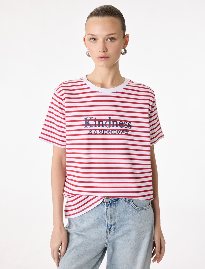  Kısa Kollu Bisiklet Yaka Regular Fit Pamuklu Çizgili Tişört