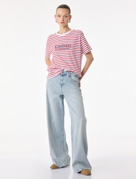 Kısa Kollu Bisiklet Yaka Regular Fit Pamuklu Çizgili Tişört