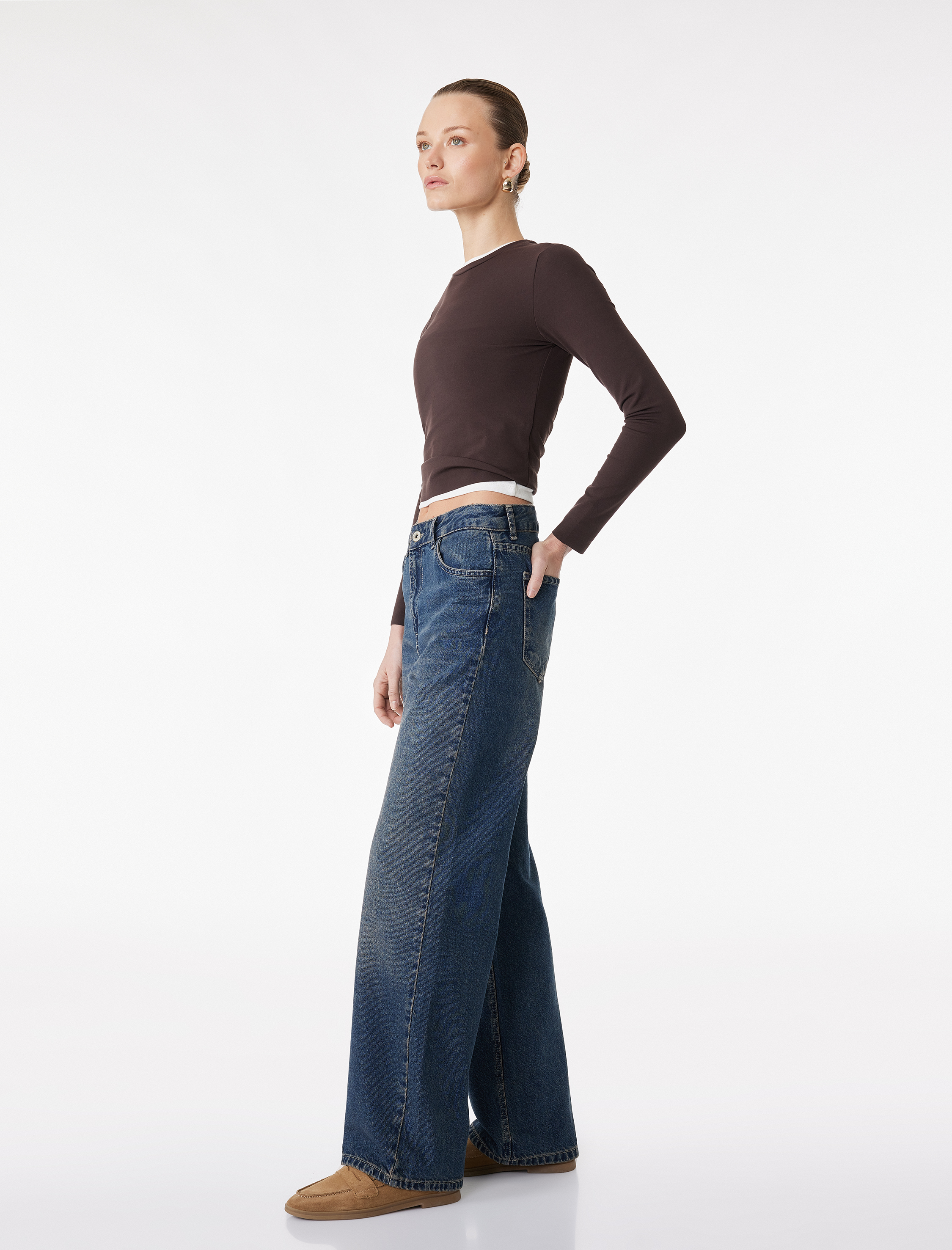   Yüksek Bel Cepli Pamuklu Düz Paça Straight Fit Denim Pantolon - Straight Jeans