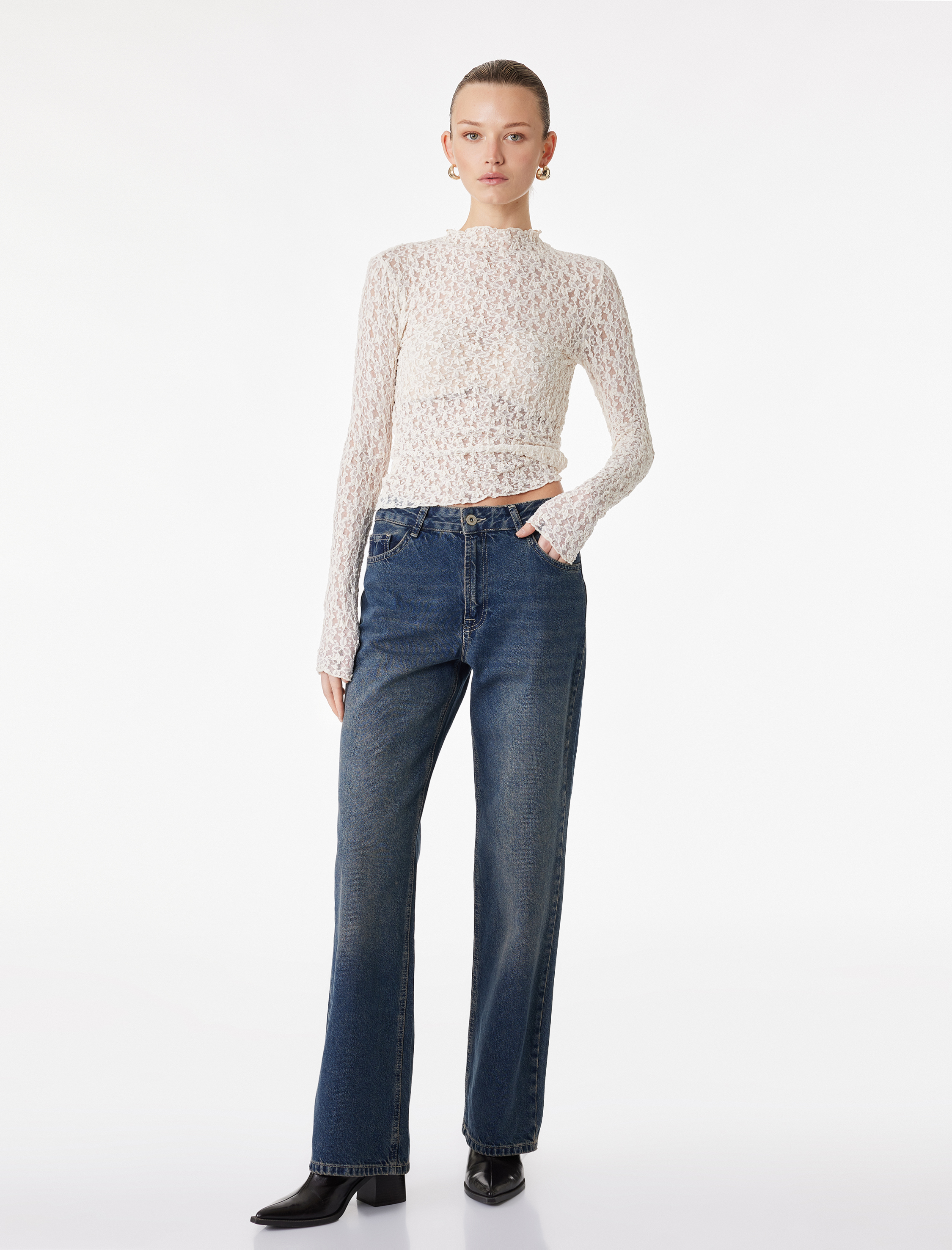   Slim Fit Dik Yaka Uzun Kollu Dantel Tişört