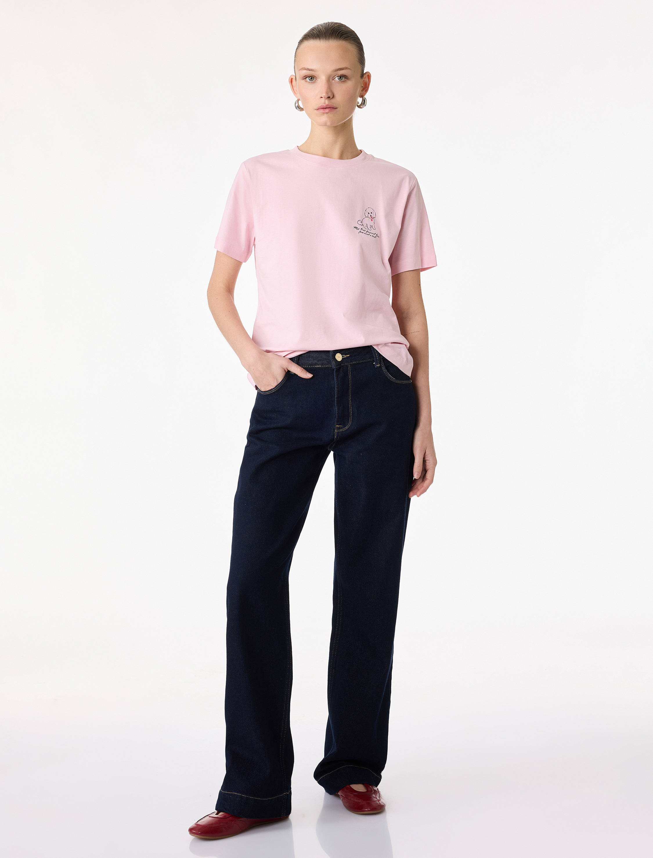   Pamuklu Kısa Kollu Bisiklet Yaka Köpek Baskı Detaylı Tişört