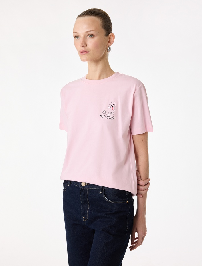  Pamuklu Kısa Kollu Bisiklet Yaka Köpek Baskı Detaylı Tişört