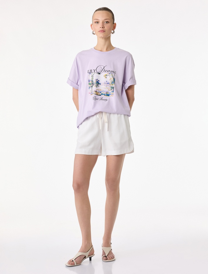  Pamuklu Kısa Kollu Bisiklet Yaka Baskılı Tişört