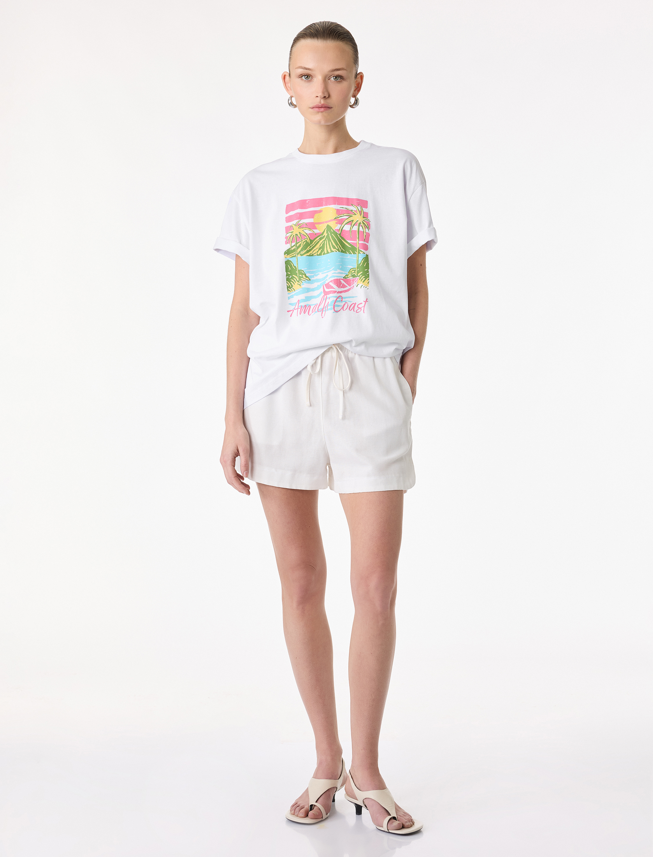   Pamuklu Kısa Kollu Bisiklet Yaka Amalfi Baskılı Tişört