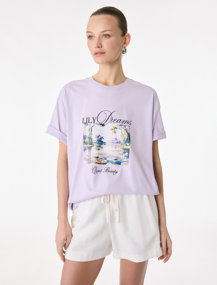  Pamuklu Kısa Kollu Bisiklet Yaka Baskılı Tişört