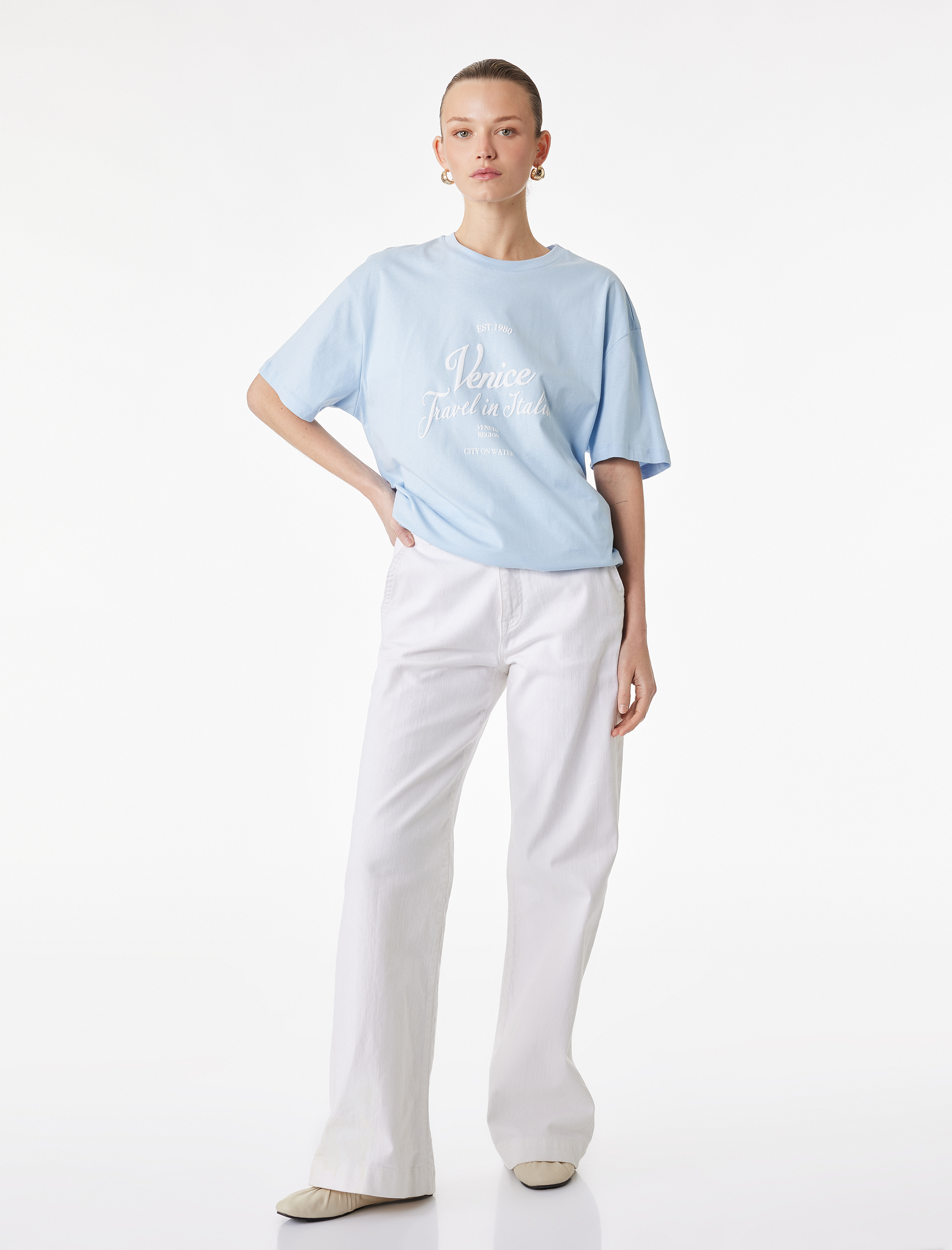   Kısa Kollu Bisiklet Yaka Baskılı Oversize Tişört