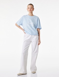 Kısa Kollu Bisiklet Yaka Baskılı Oversize Tişört