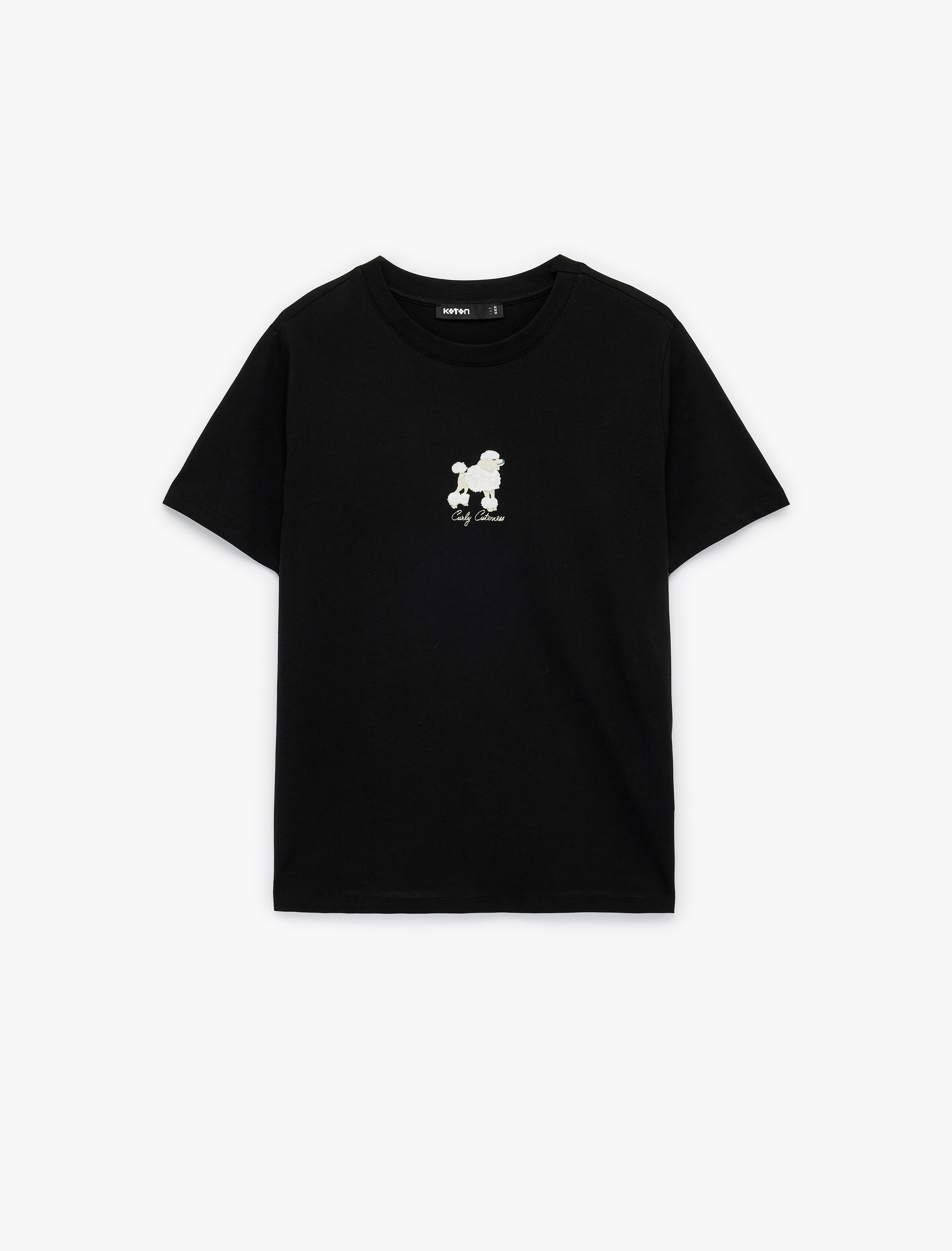   Kısa Kollu Bisiklet Yaka Pamuklu Köpek Nakış Detaylı Tişört