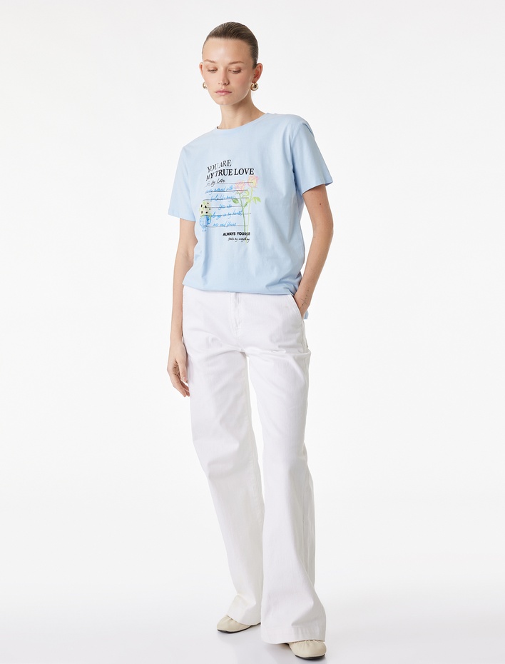  Pamuklu Kısa Kollu Bisiklet Yaka Baskılı Tişört