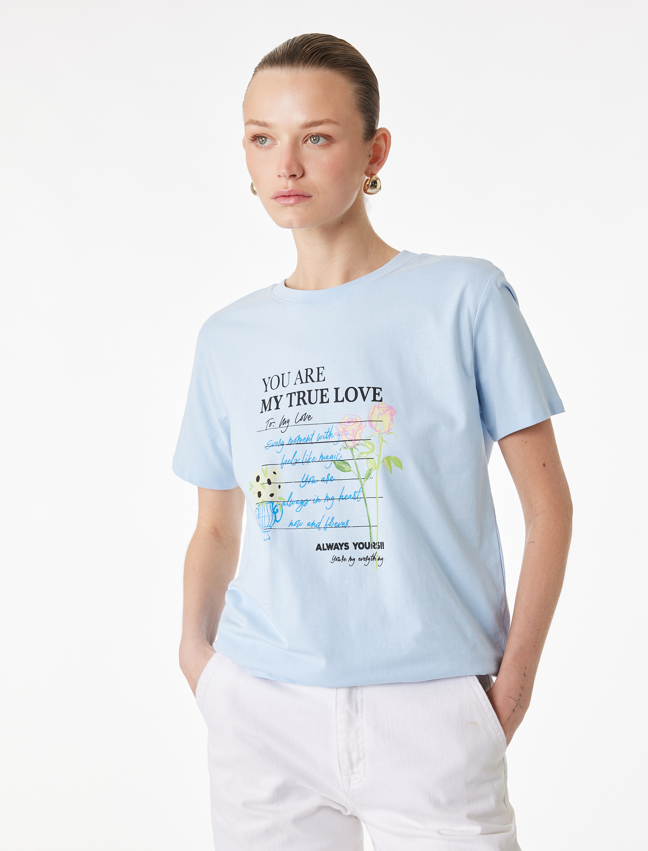   Pamuklu Kısa Kollu Bisiklet Yaka Baskılı Tişört