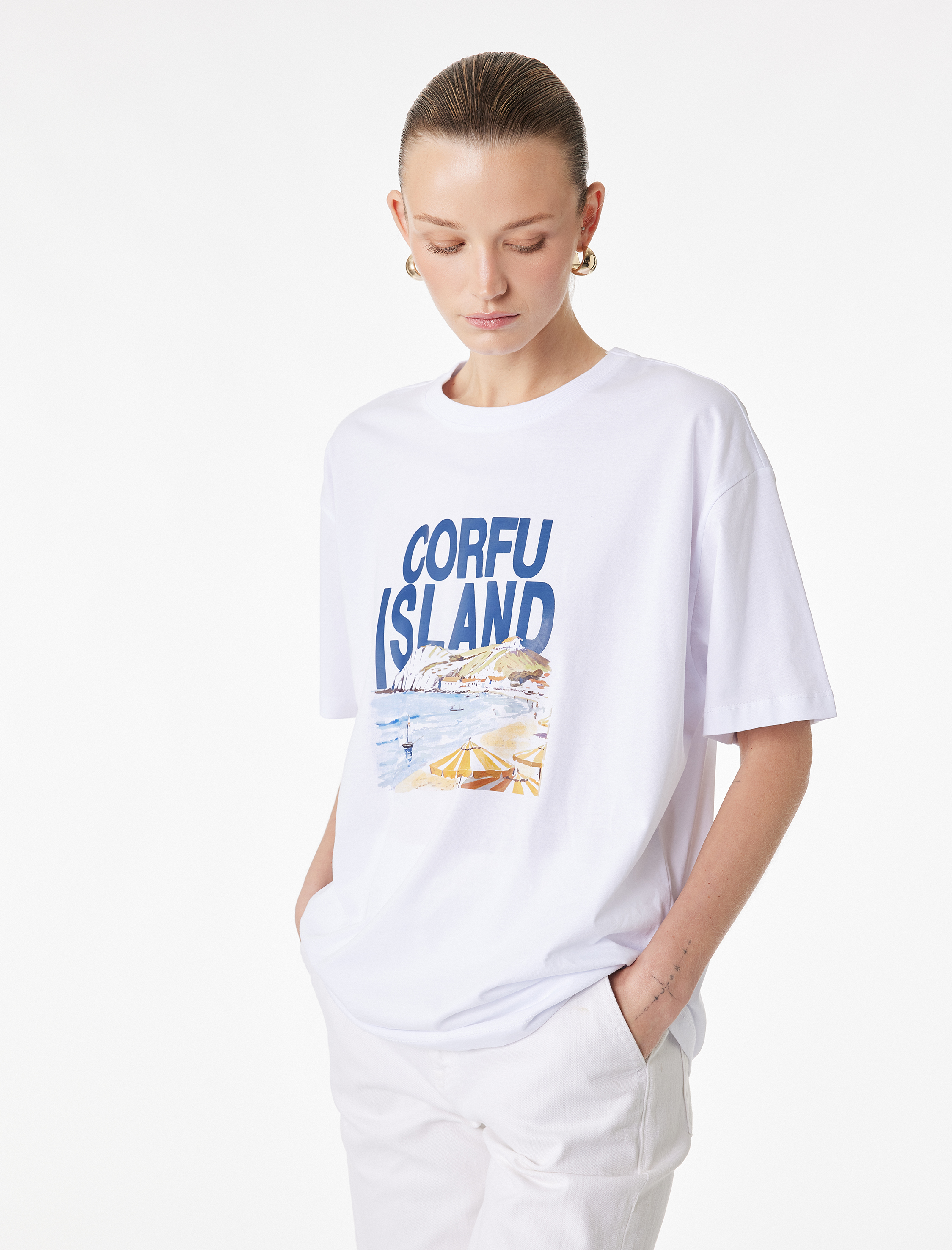   Pamuklu Kısa Kollu Baskılı Bisiklet Yaka Baskılı Tişört