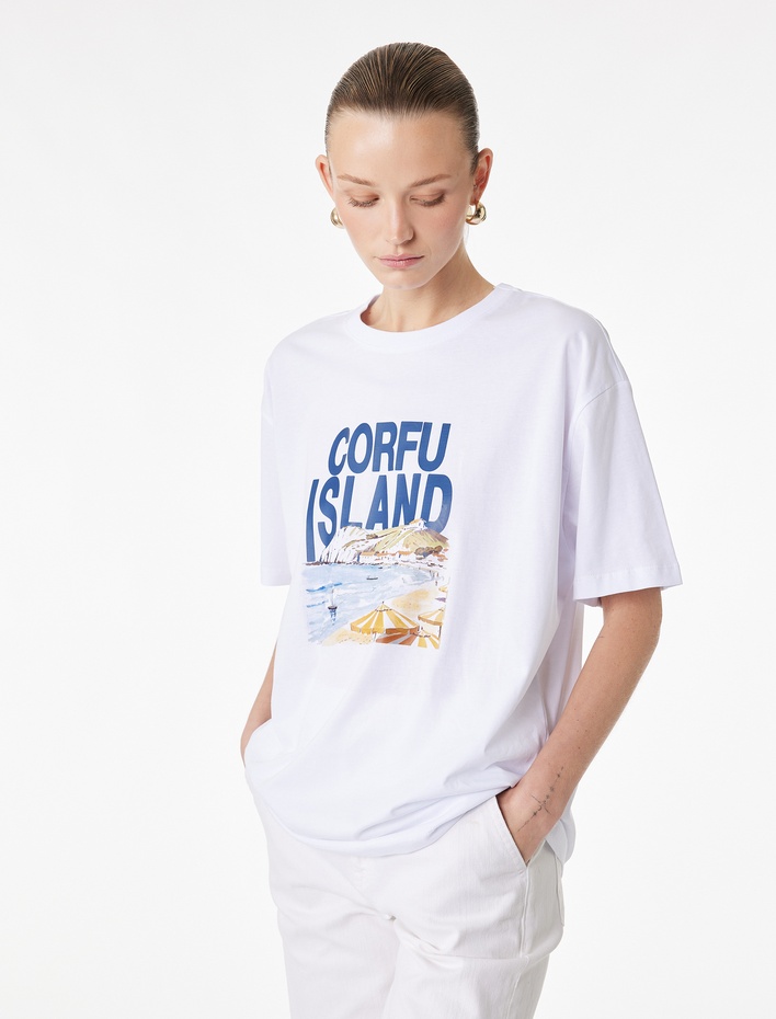  Pamuklu Kısa Kollu Baskılı Bisiklet Yaka Baskılı Tişört