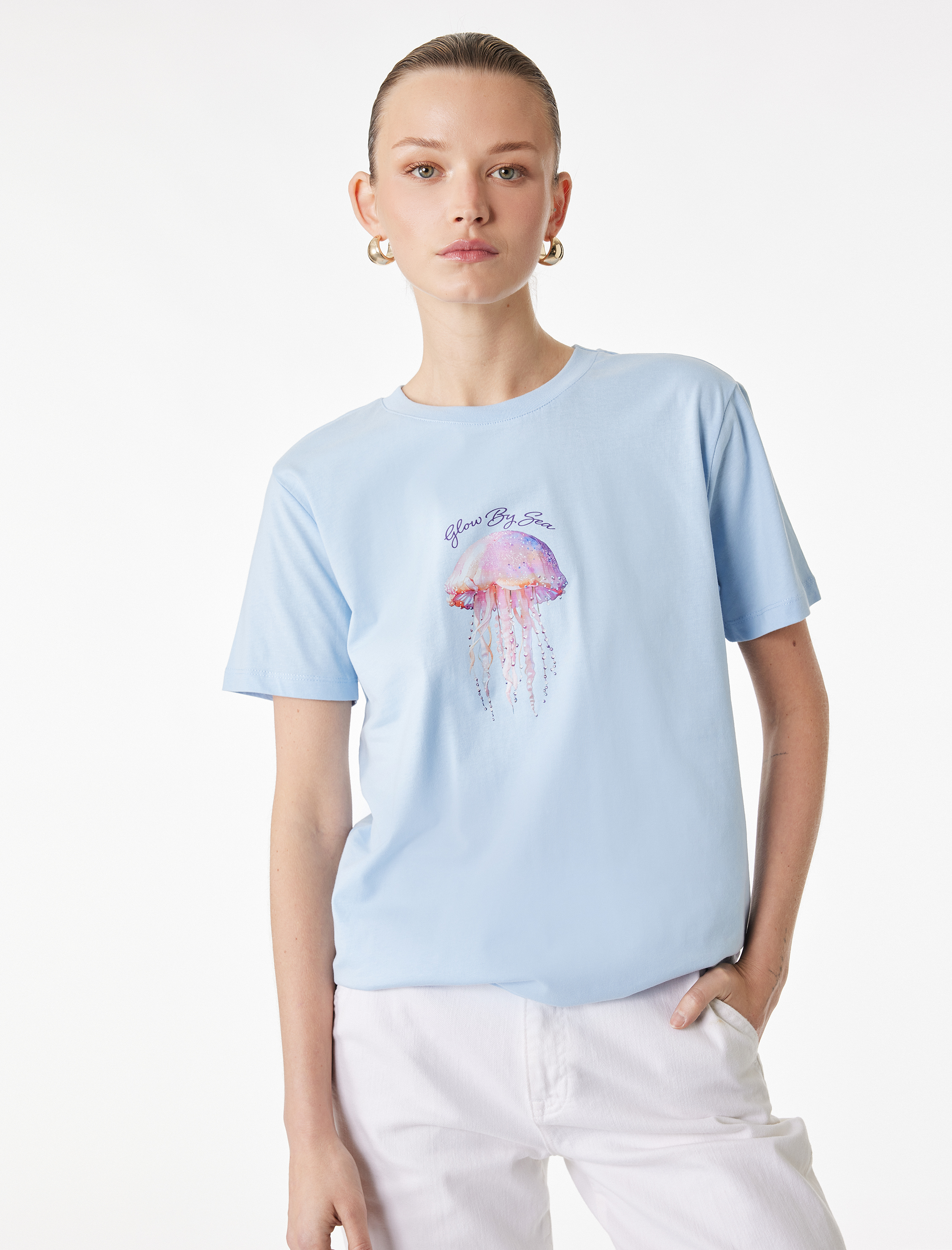   Pamuklu Kısa Kollu Bisiklet Yaka Baskılı Tişört