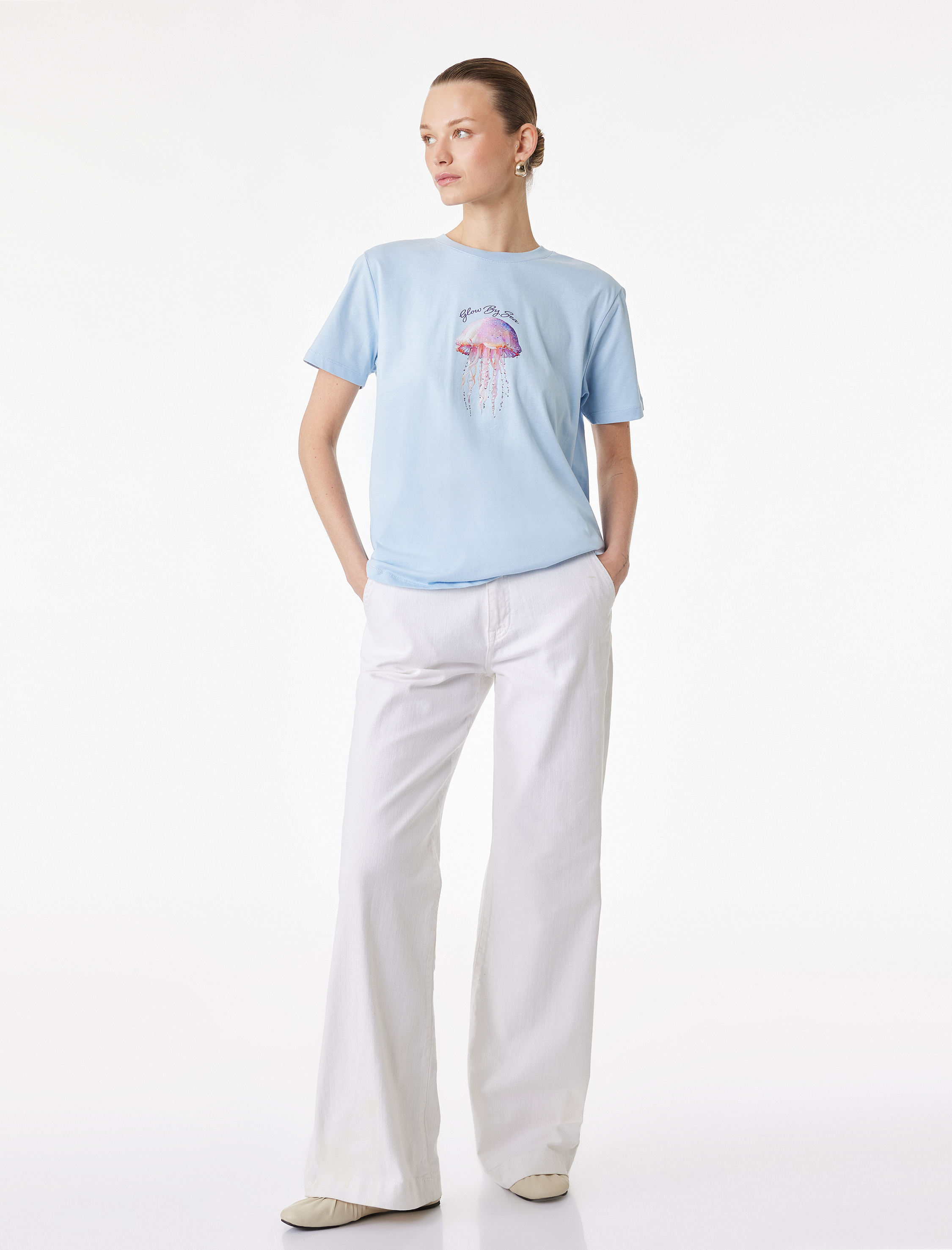   Pamuklu Kısa Kollu Bisiklet Yaka Baskılı Tişört