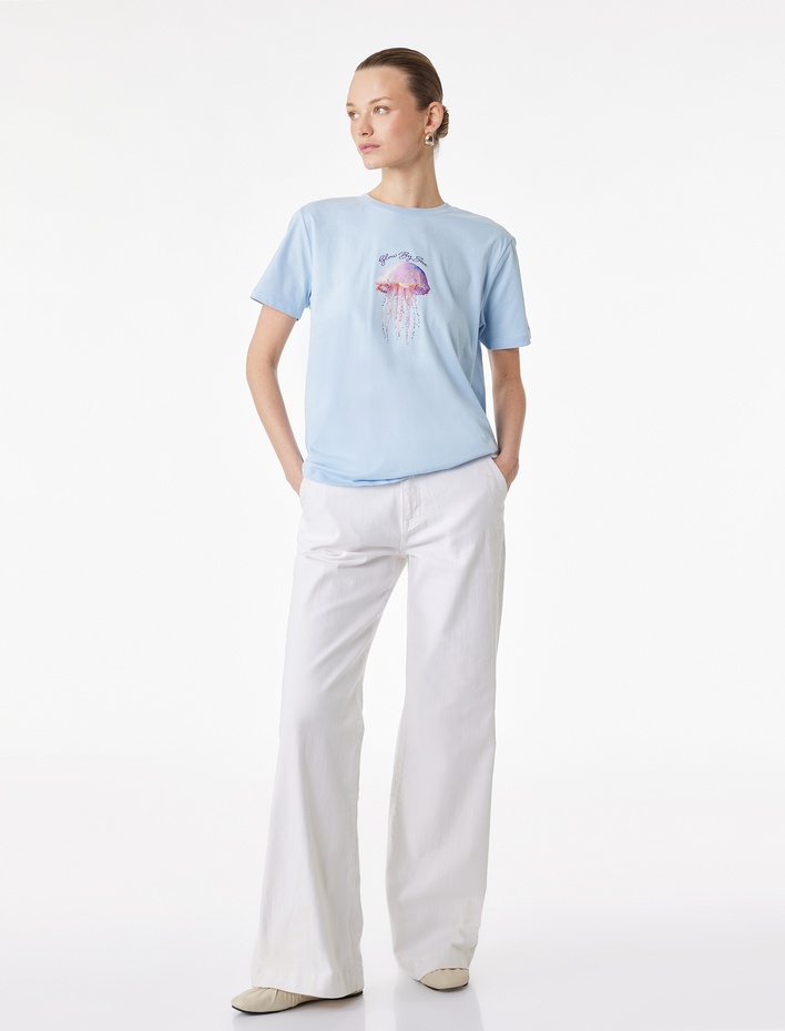  Pamuklu Kısa Kollu Bisiklet Yaka Baskılı Tişört