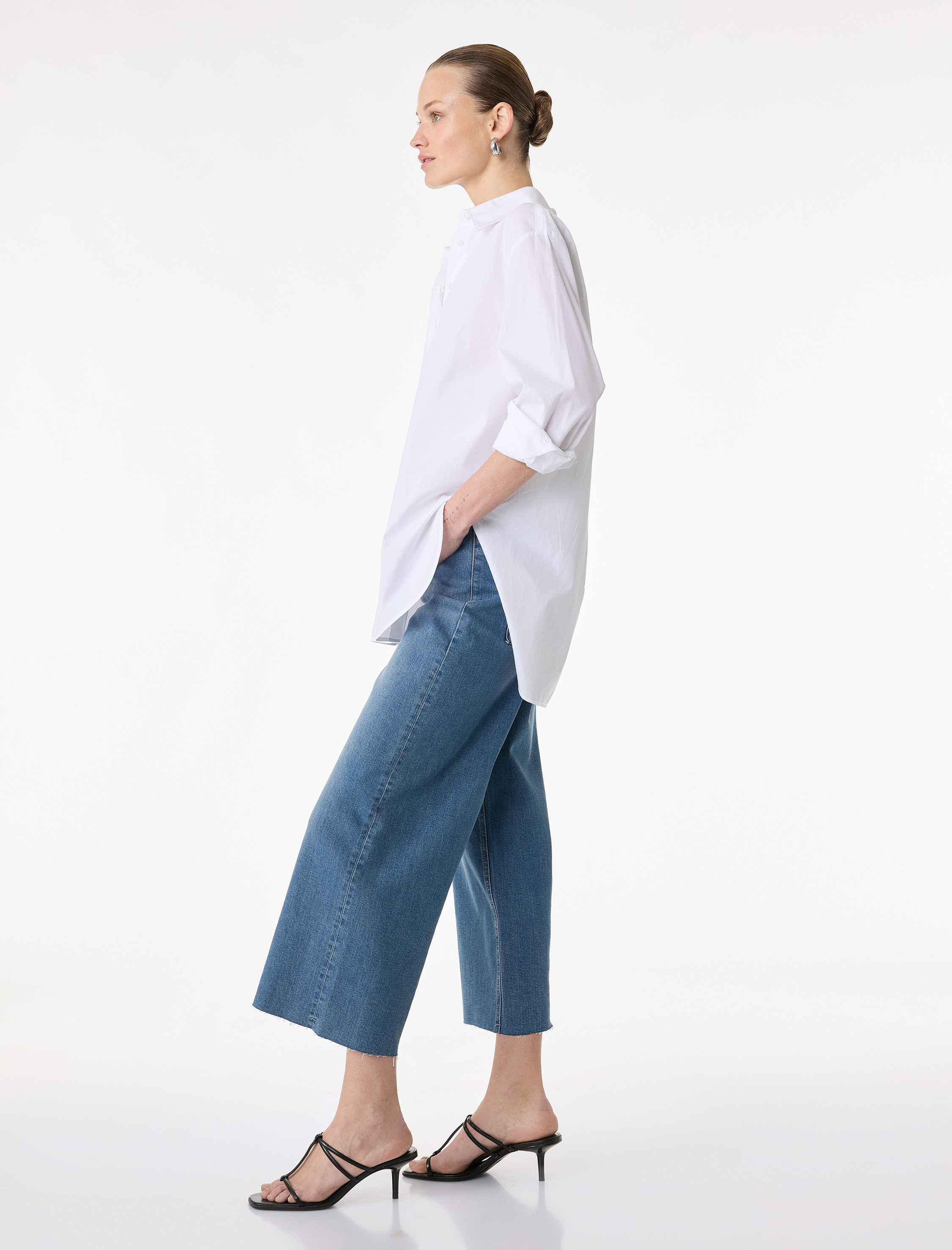   Yüksek Bel Cep Detaylı Rahat Kalıp Geniş Paça Denim Pantolon - Culotte Jeans