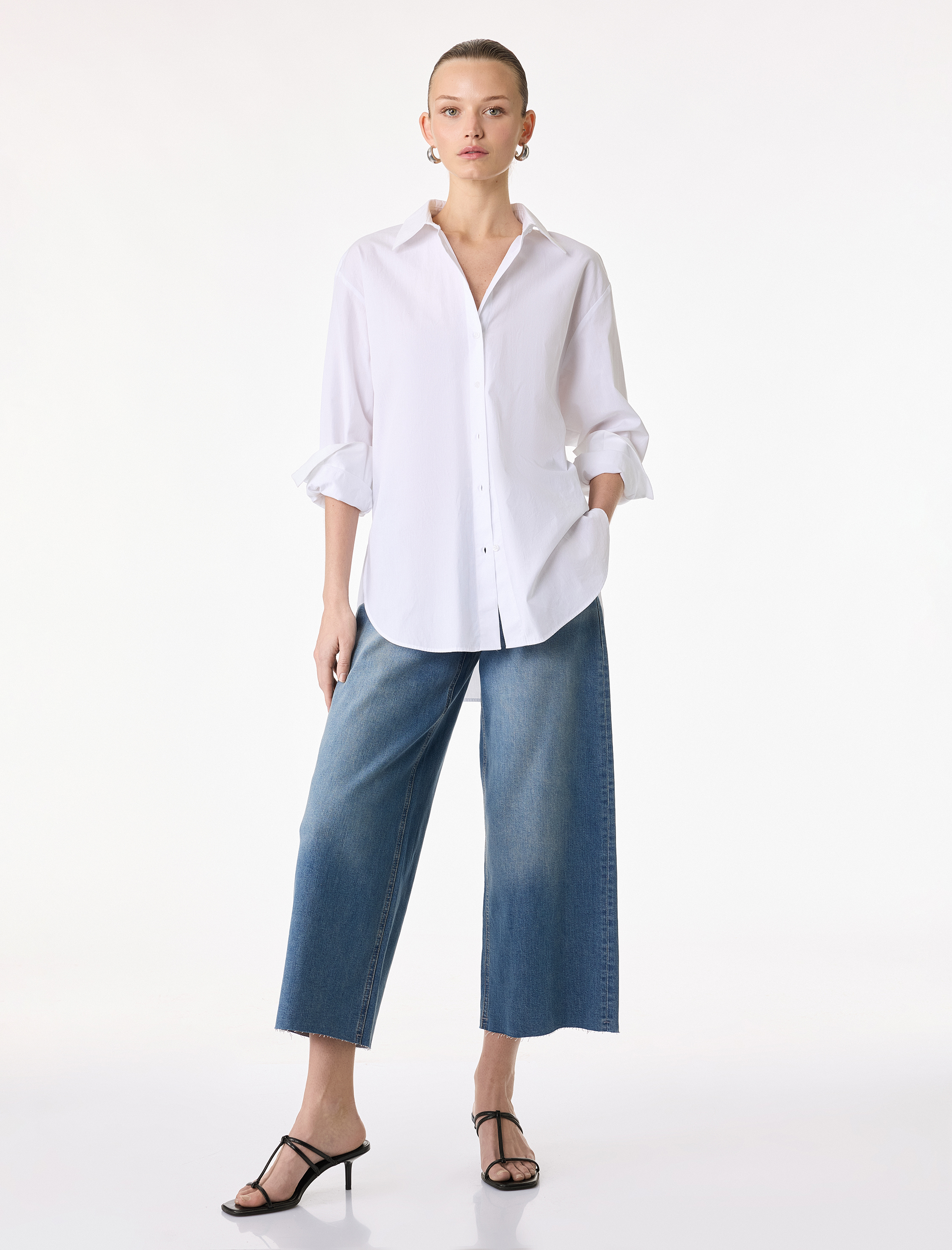   Yüksek Bel Cep Detaylı Rahat Kalıp Geniş Paça Denim Pantolon - Culotte Jeans