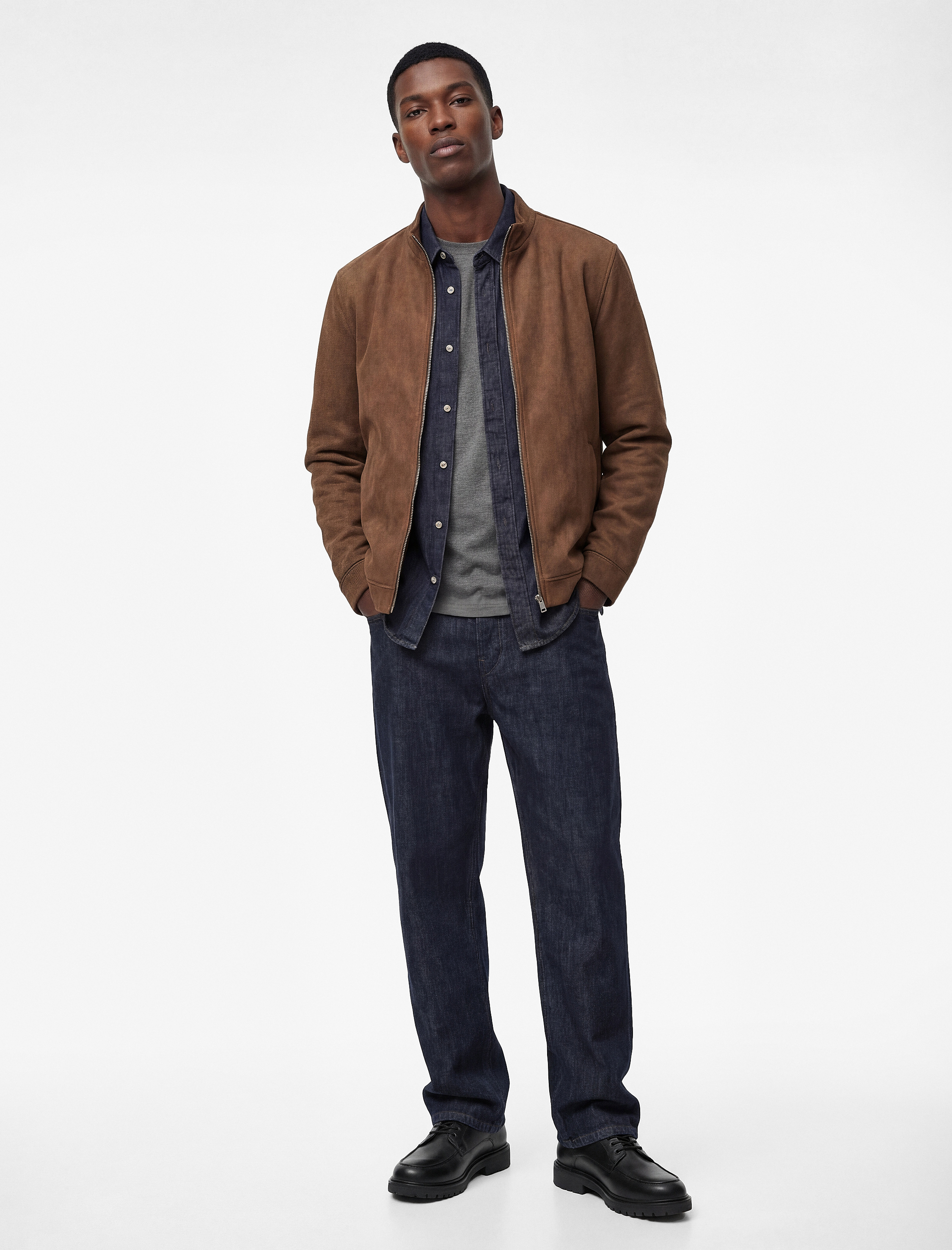   Uzun Kollu Dik Yaka Cepli Fermuarlı Slim Fit Suni Süet Bomber Ceket