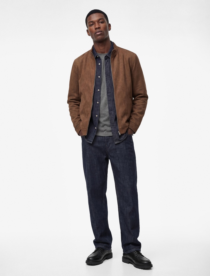  Uzun Kollu Dik Yaka Cepli Fermuarlı Slim Fit Suni Süet Bomber Ceket