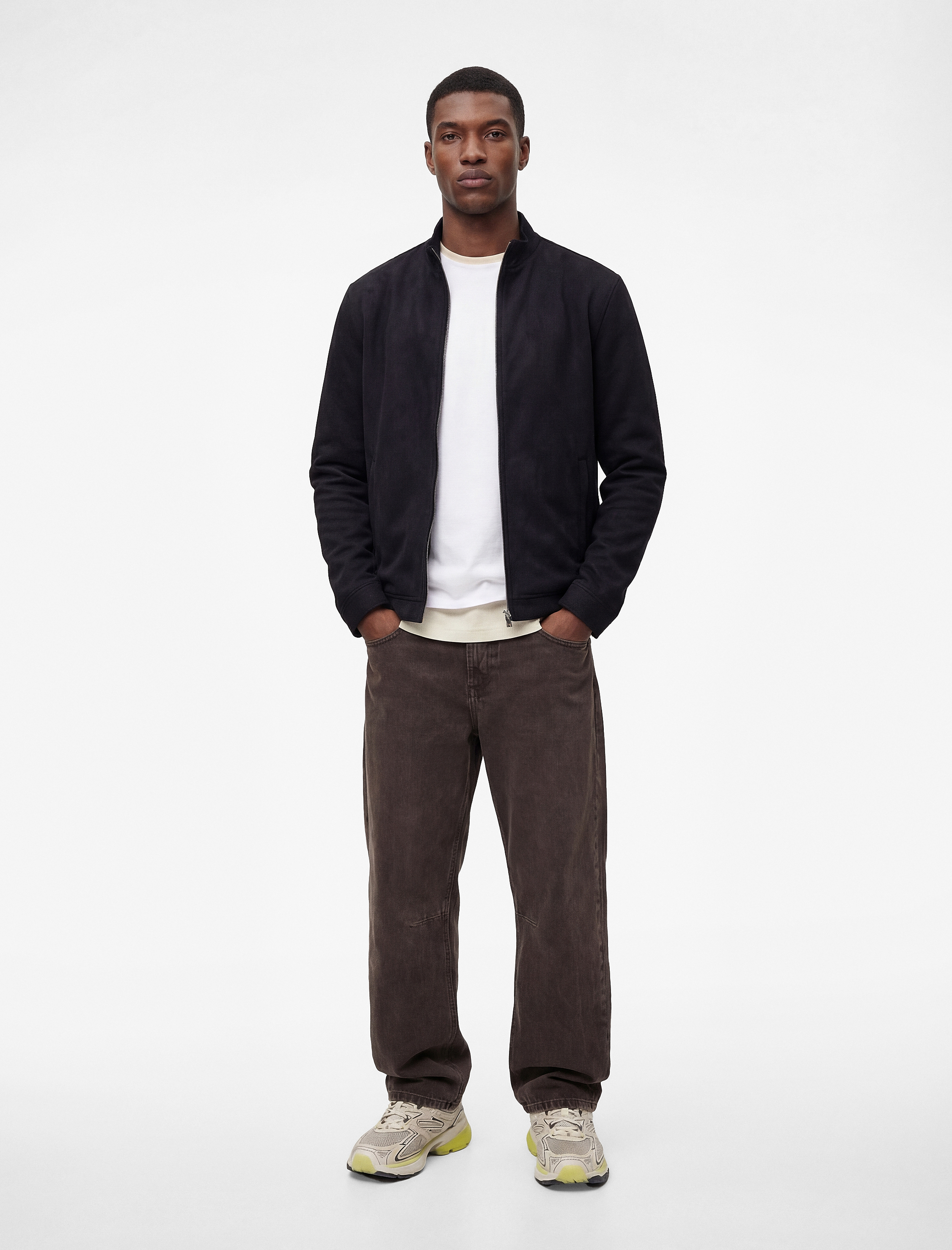   Uzun Kollu Dik Yaka Cepli Fermuarlı Slim Fit Suni Süet Bomber Ceket