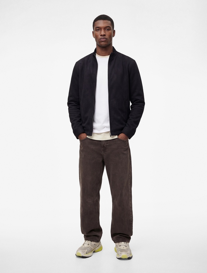  Uzun Kollu Dik Yaka Cepli Fermuarlı Slim Fit Suni Süet Bomber Ceket