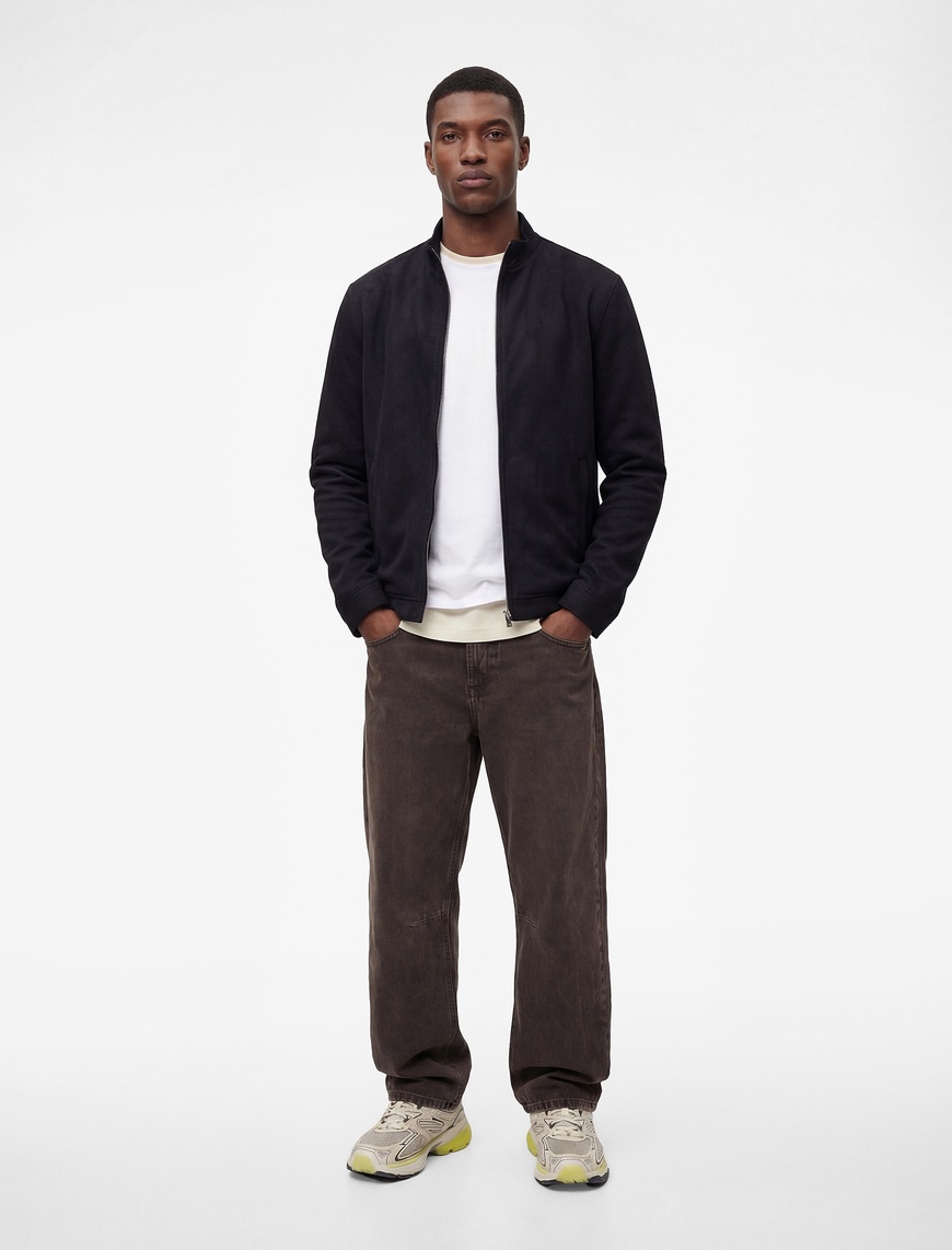 Koton Erkek Uzun Kollu Dik Yaka Cepli Fermuarlı Slim Fit Suni Süet Bomber Ceket