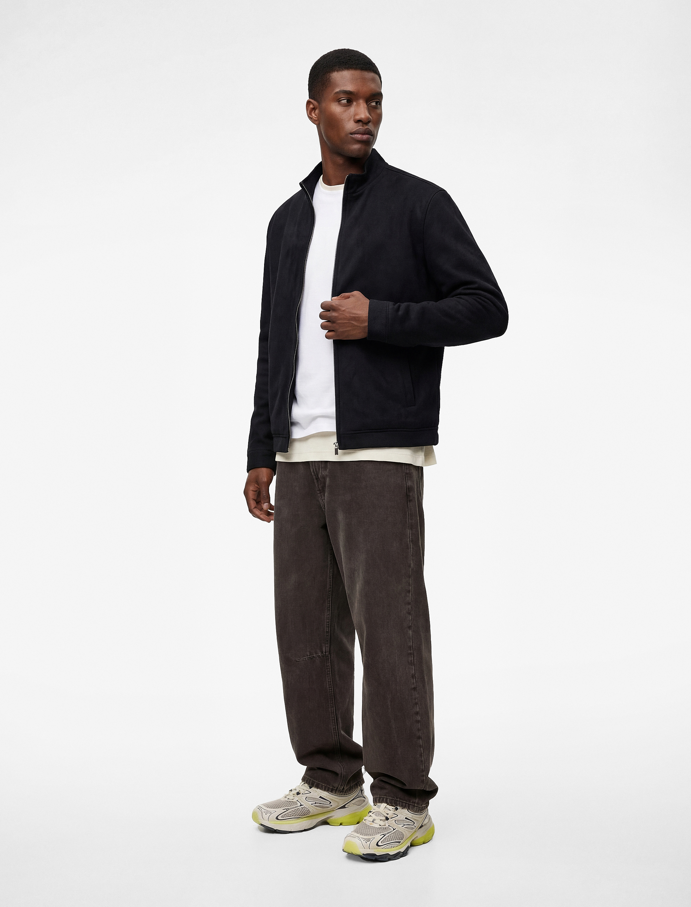   Uzun Kollu Dik Yaka Cepli Fermuarlı Slim Fit Suni Süet Bomber Ceket