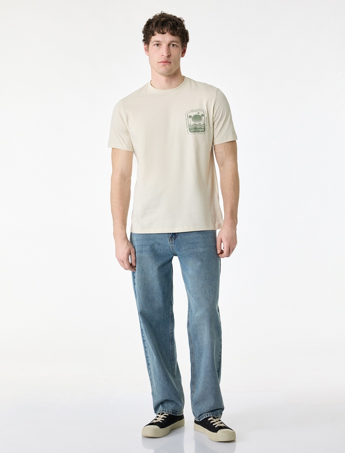  Regular Fit Kısa Kollu Pamuklu Bisiklet Yaka Baskılı Tişört