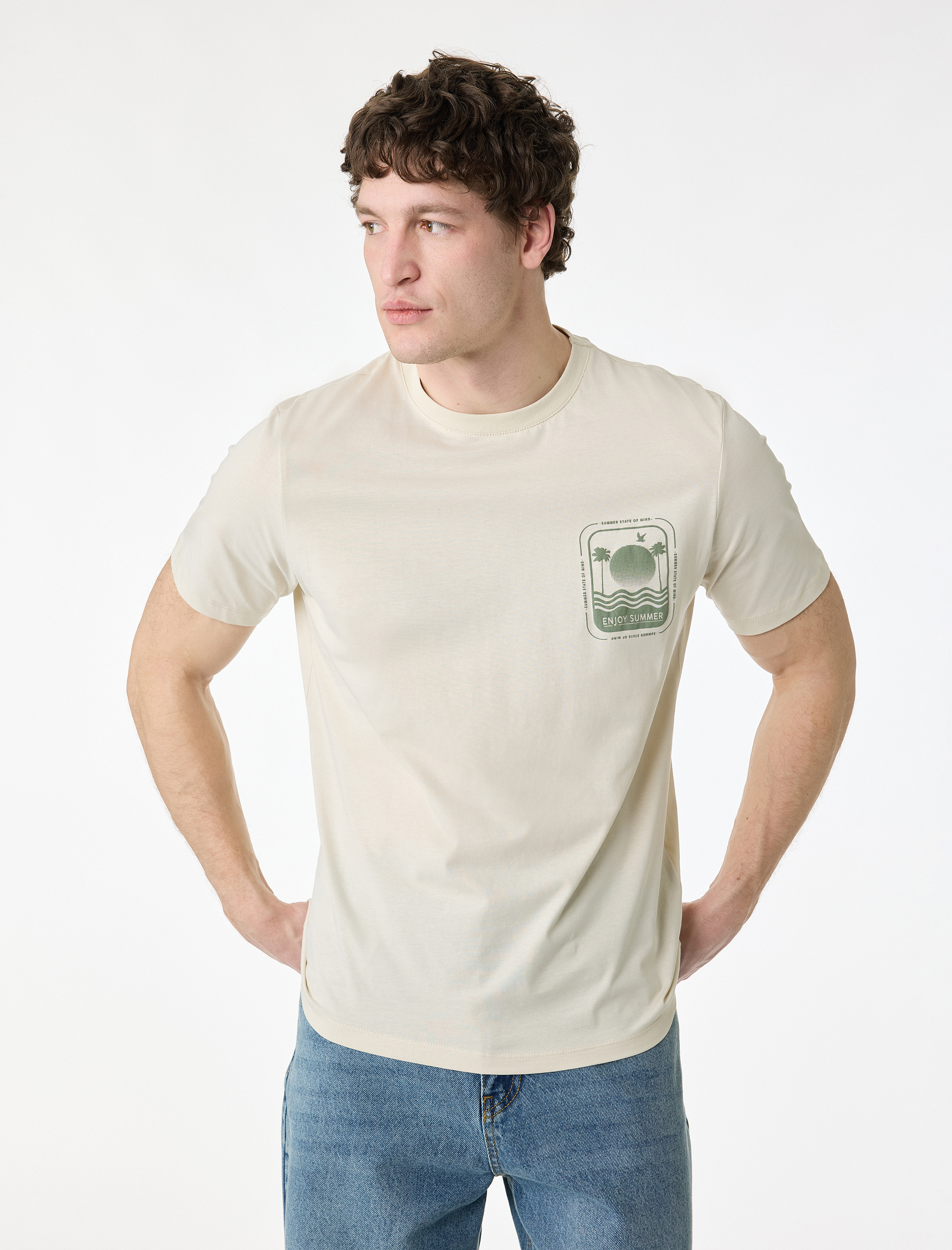   Regular Fit Kısa Kollu Pamuklu Bisiklet Yaka Baskılı Tişört