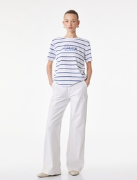 Pamuklu Kısa Kollu Deniz Kabuğu Nakış Detaylı Çizgili Tişört