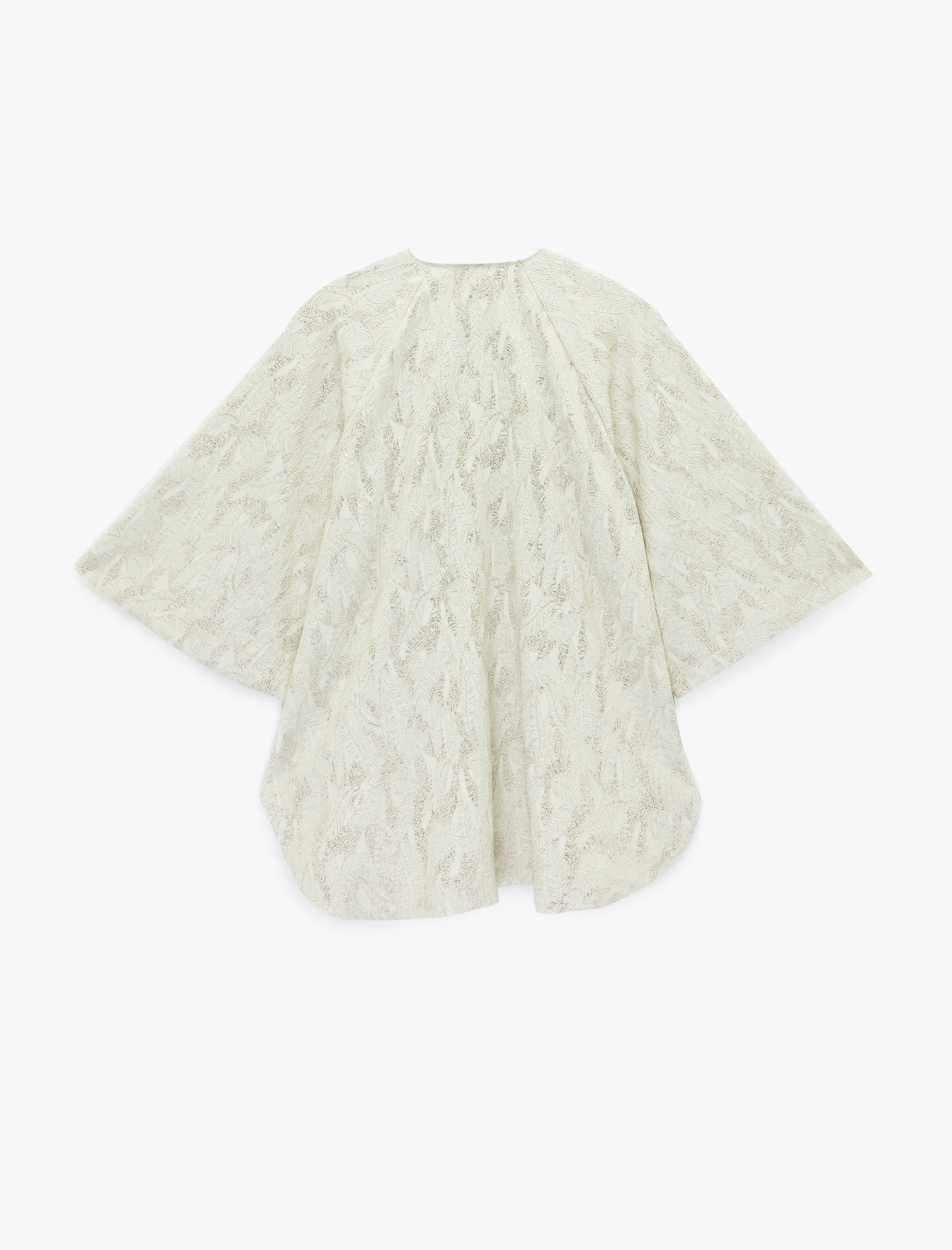   Yuvarlak Kesik Yaka 3/4 Geniş Kol Metalik İplik Detaylı Desenli Parıltılı Tunik