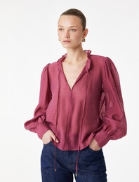 Uzun Balon Kollu Manşetli Bağlama Detaylı Yuvarlak Fırfırlı Yaka Bluz