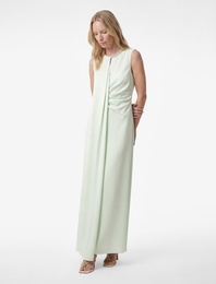 Bisiklet Yaka Kolsuz Drapeli Taş Detaylı Uzun Saten Abiye Elbise