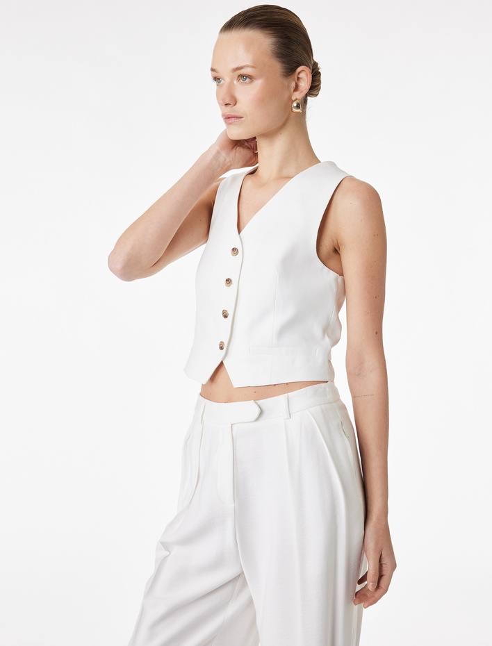  V Yaka Viskon Karışımlı Düğmeli Kolsuz Yelek