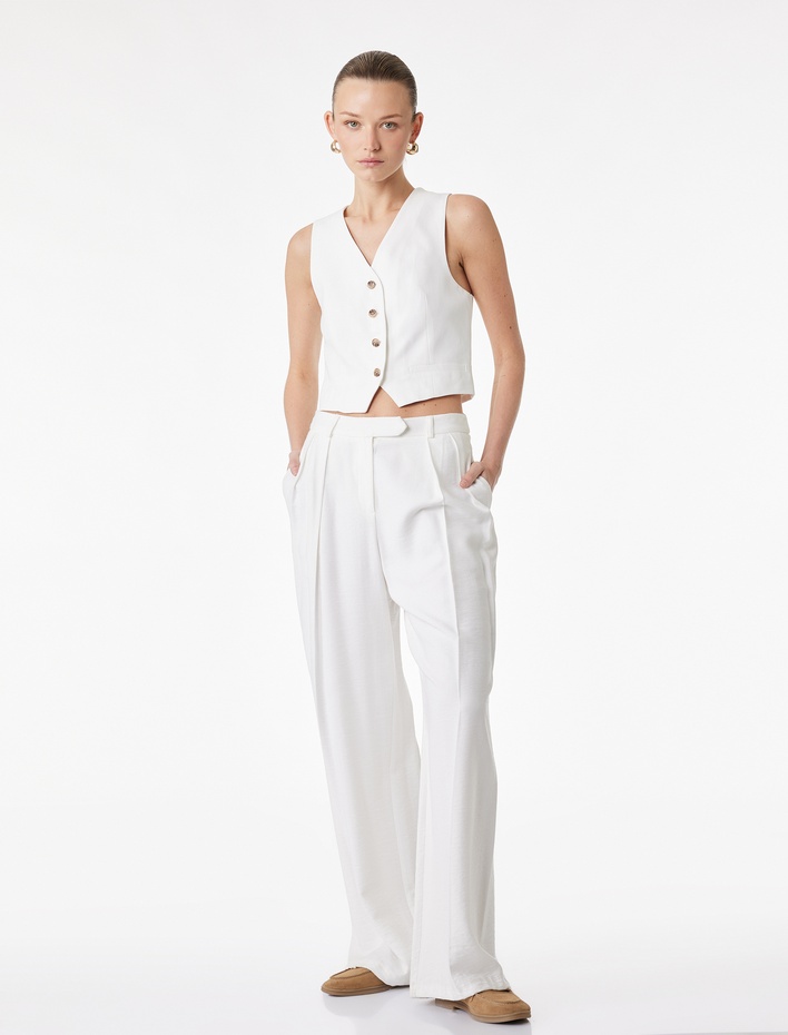  V Yaka Viskon Karışımlı Düğmeli Kolsuz Yelek