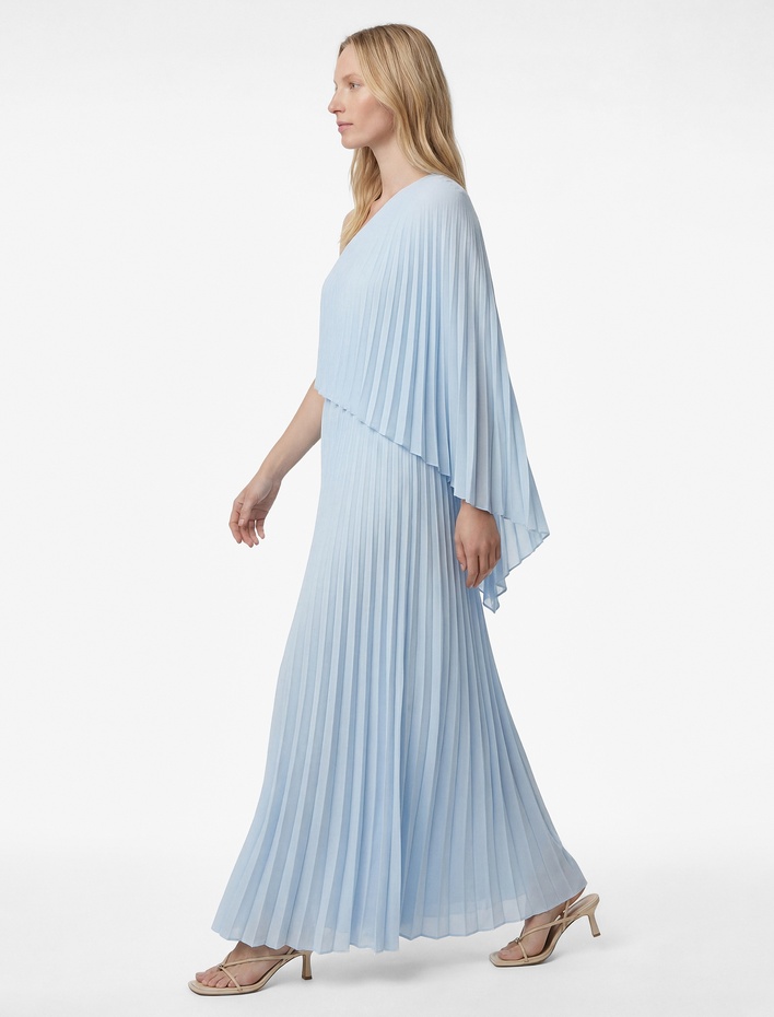  Kolsuz Tek Omuz Şifon Pileli Uzun Abiye Elbise