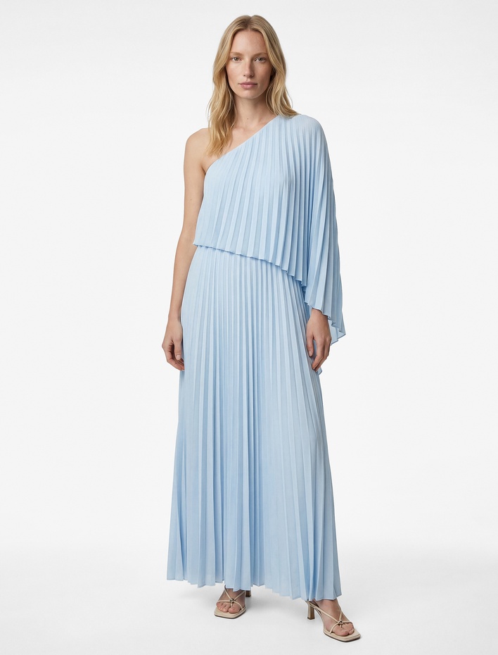  Kolsuz Tek Omuz Şifon Pileli Uzun Abiye Elbise