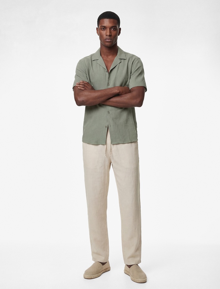  Regular Fit Cepli Beli Bağcıklı Keten Pantolon