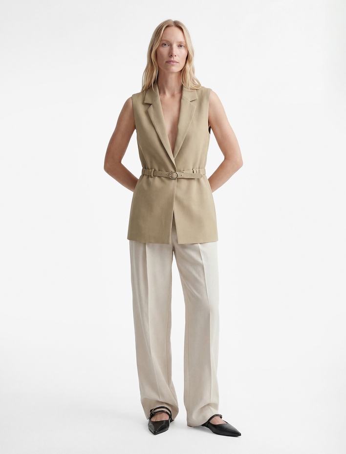  Regular Fit Kolsuz Kemerli Kruvaze Yaka Yelek