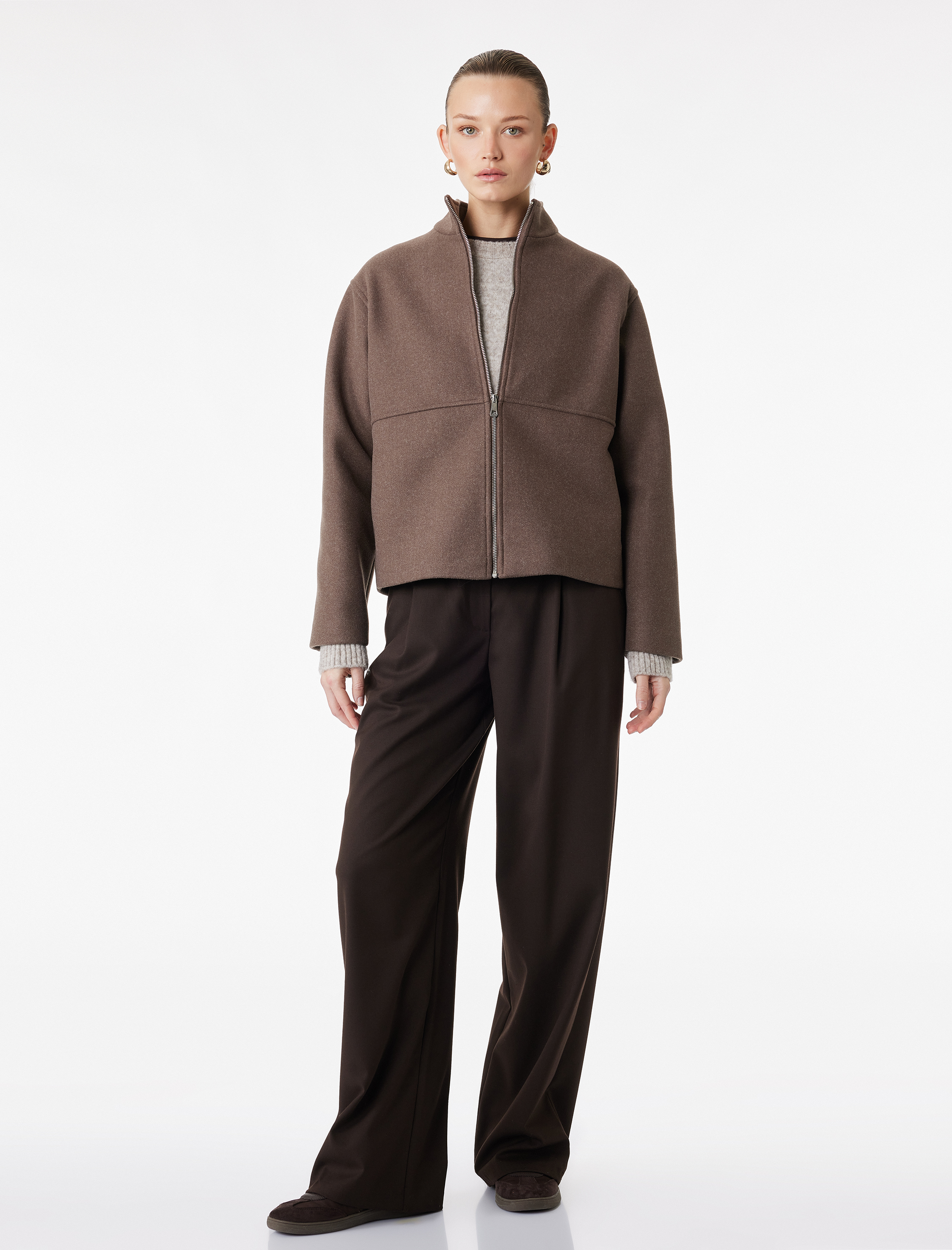   Uzun Kollu Fermuarlı Dik Yaka Kaşe Ceket