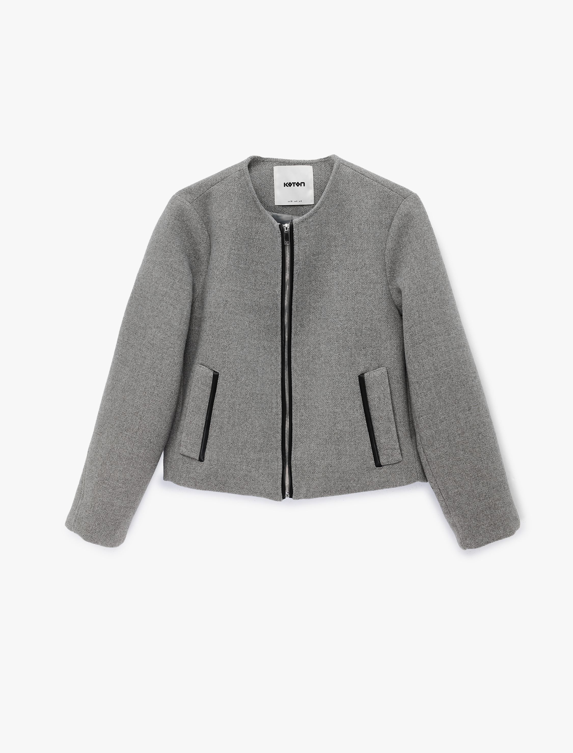   Kontrast Detaylı Cepli Fermuarlı Bisiklet Yaka Crop Kaşe Ceket