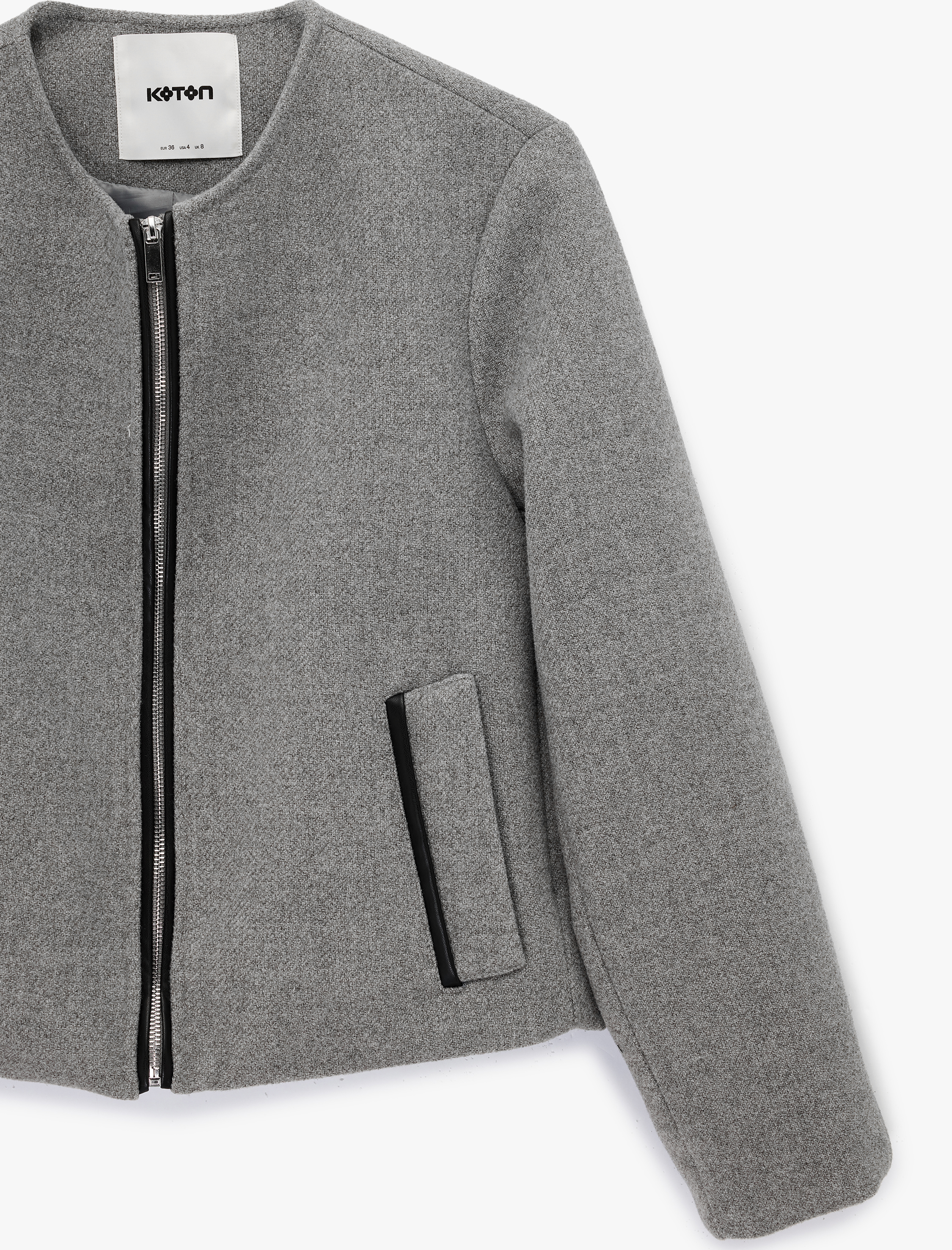   Kontrast Detaylı Cepli Fermuarlı Bisiklet Yaka Crop Kaşe Ceket