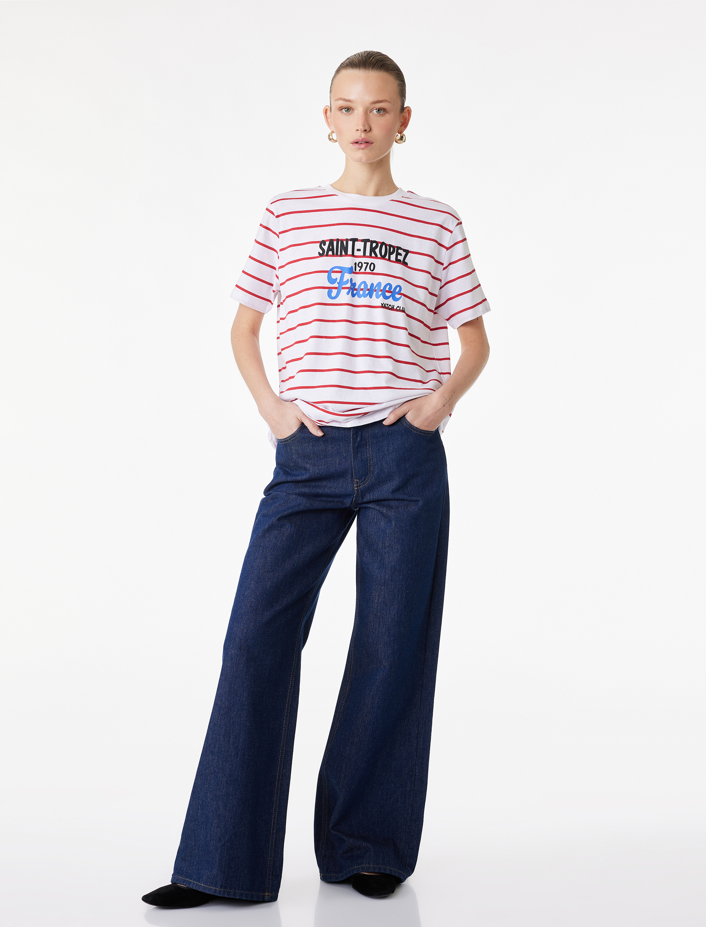   Pamuklu Kısa Kollu Bisiklet Yaka Saint-Tropez Baskılı Çizgili Tişört