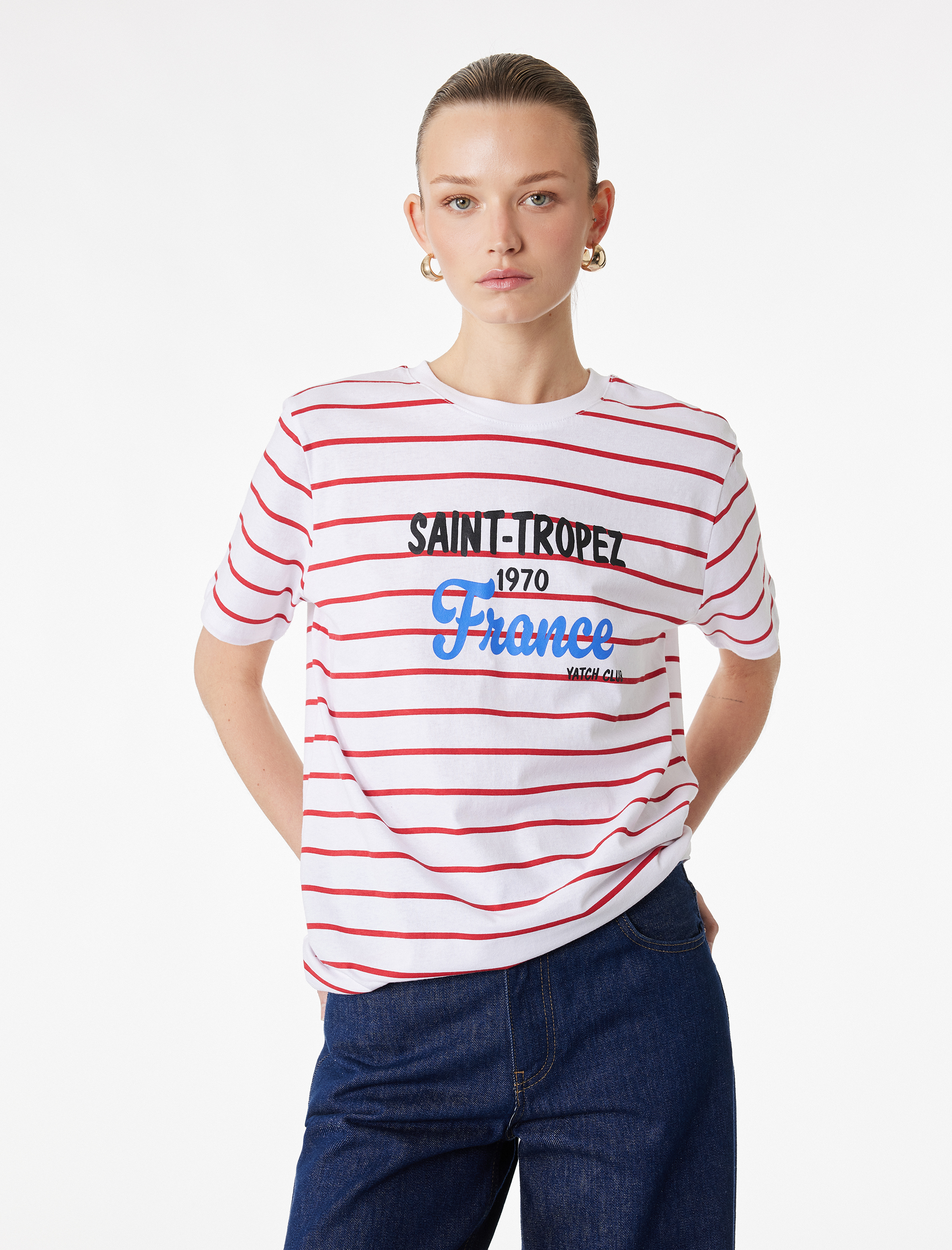   Pamuklu Kısa Kollu Bisiklet Yaka Saint-Tropez Baskılı Çizgili Tişört