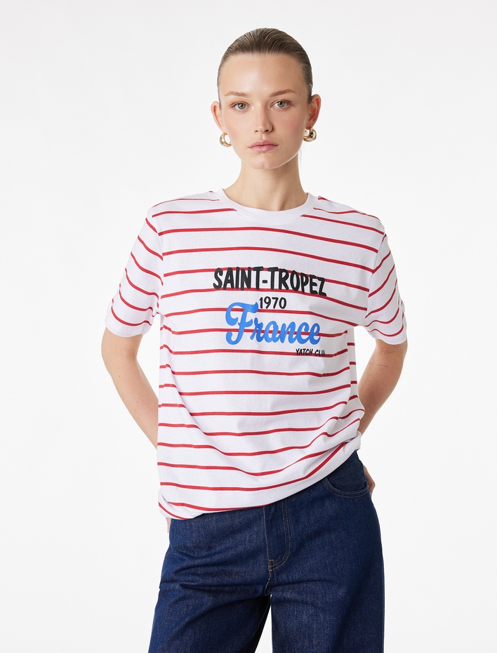  Pamuklu Kısa Kollu Bisiklet Yaka Saint-Tropez Baskılı Çizgili Tişört