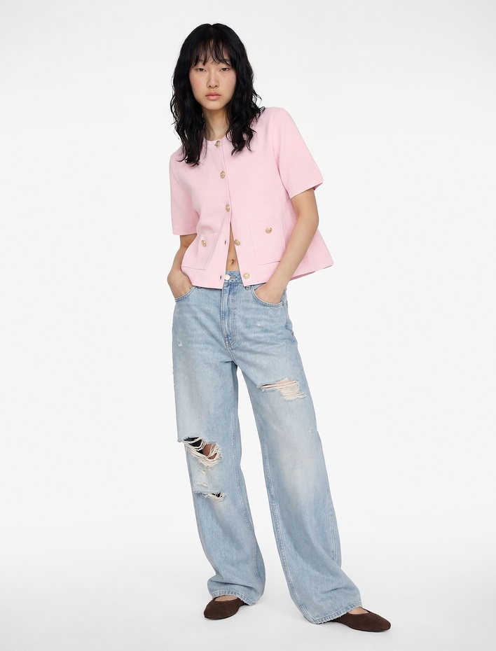  Düğmeli Cepli Kısa Kollu Bisiklet Yaka Triko Hırka