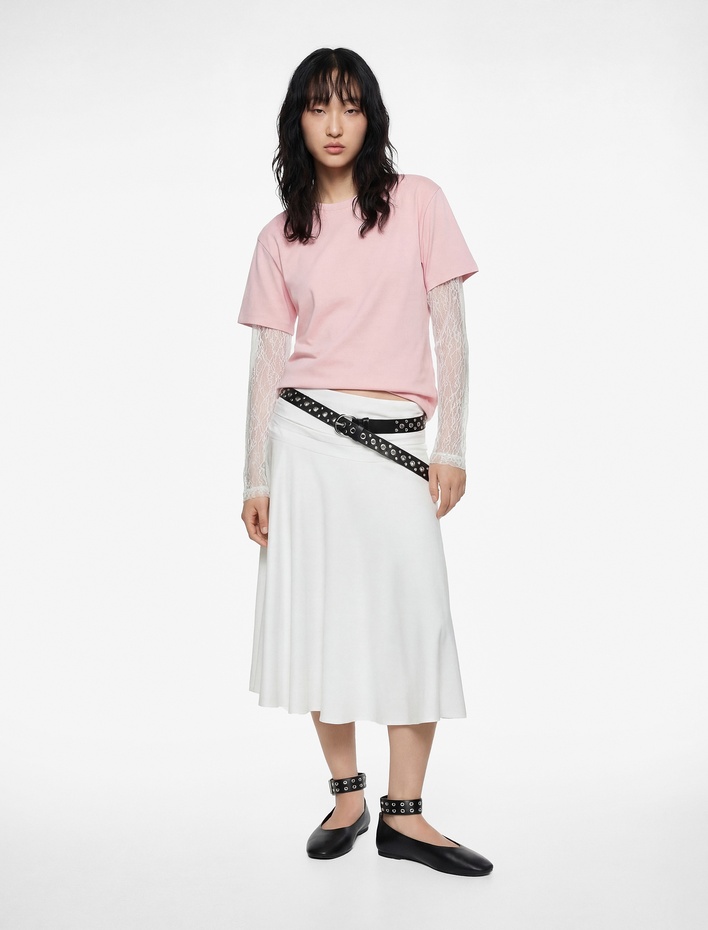  Rahat Kalıp Uzun Kollu Dantel Detaylı Bisiklet Yaka Tişört