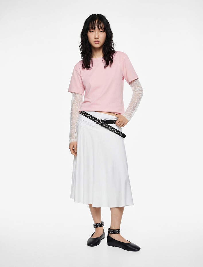  Rahat Kalıp Uzun Kollu Dantel Detaylı Bisiklet Yaka Tişört